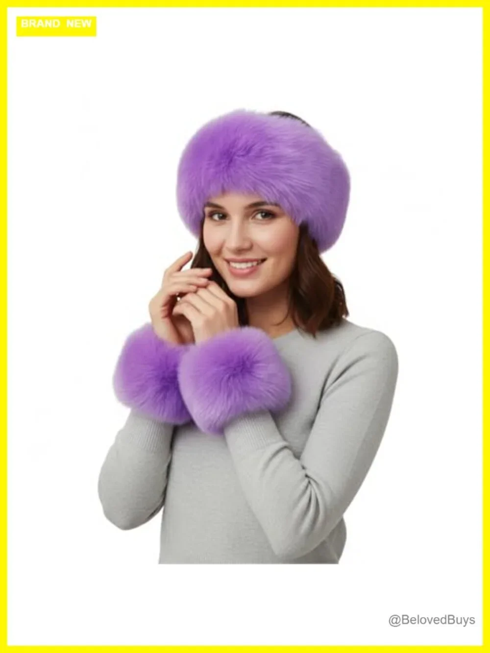 Faux Fur Headband & Wrist Cuffs Set, Fluffy Fashion Cossack Style